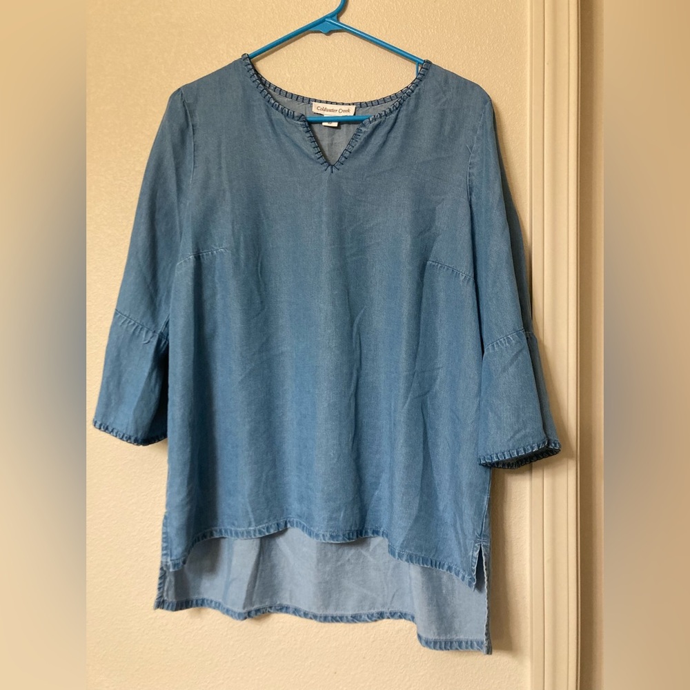 Coldwater Creek Tunic Split Neck Top Stitch Tencel Bell Sleeves Size 10P